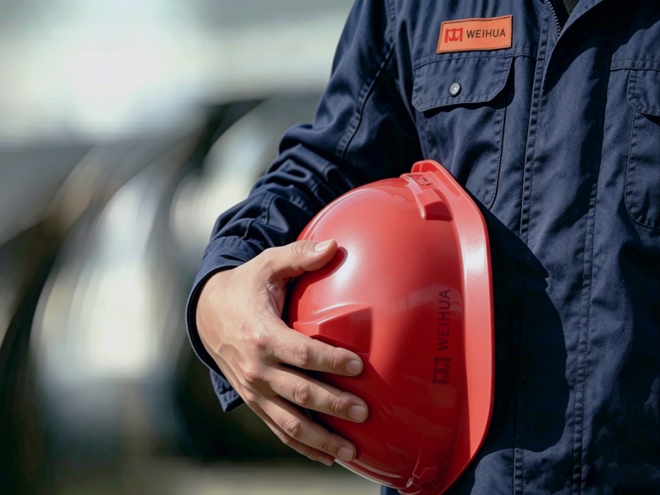 WeiHua service worker holding a red safety helmet